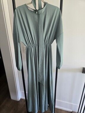 Tavin Sage Green Maxi Dress Size EU 42 (US 10?) Tie Neck Long Sleeve Modest Boho